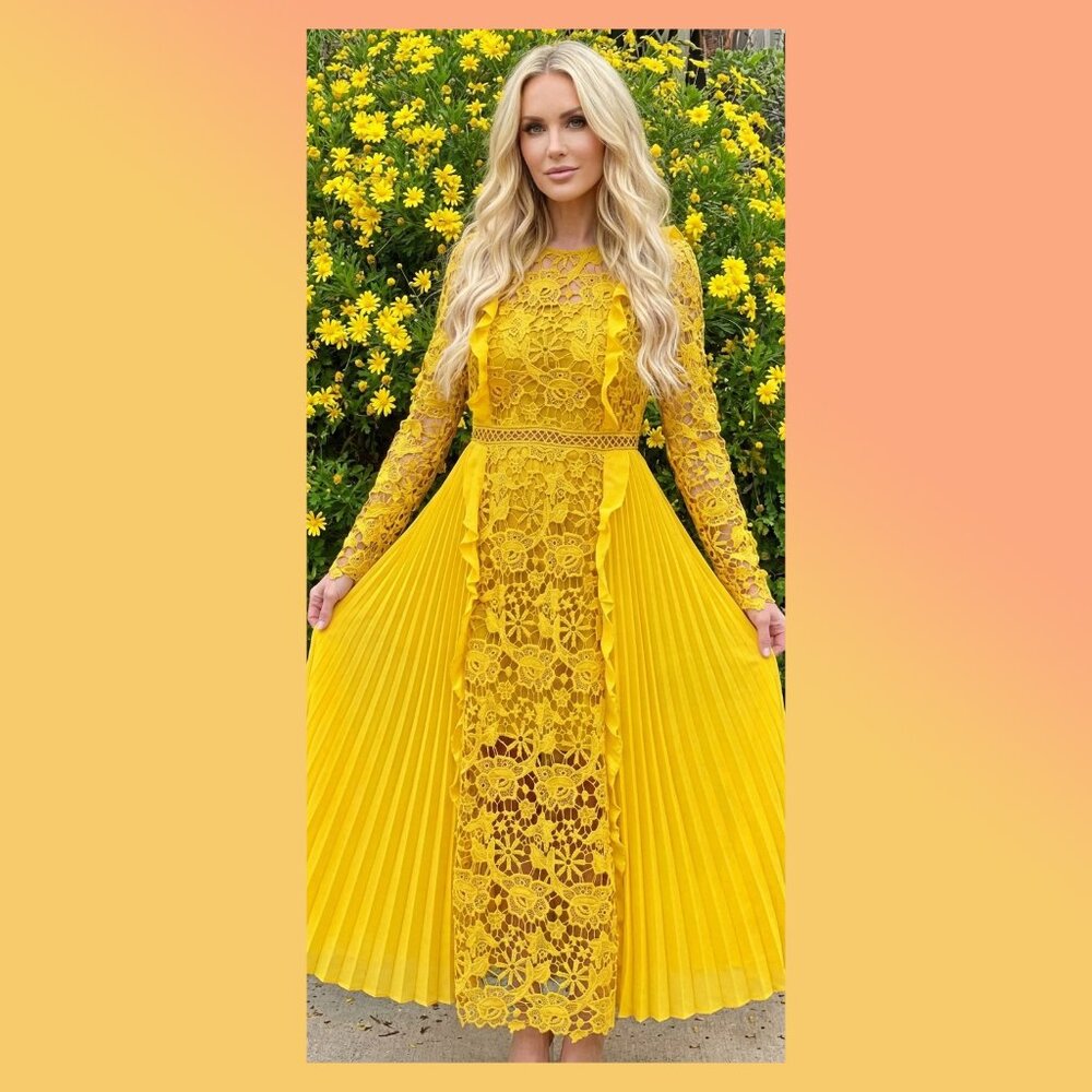 💛✨ Nezuri Golden Lace & Pleated Long Midi Yellow Dress Romantic Statement (NWT)
